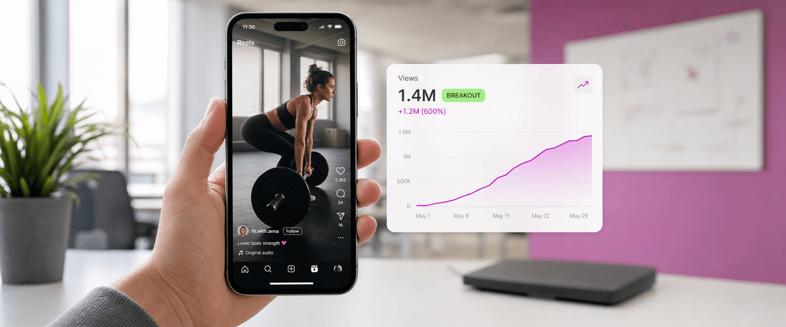 Instagram Reels analytics in action - a Reel playing beside a live breakout analytics panel showing 1.4M views